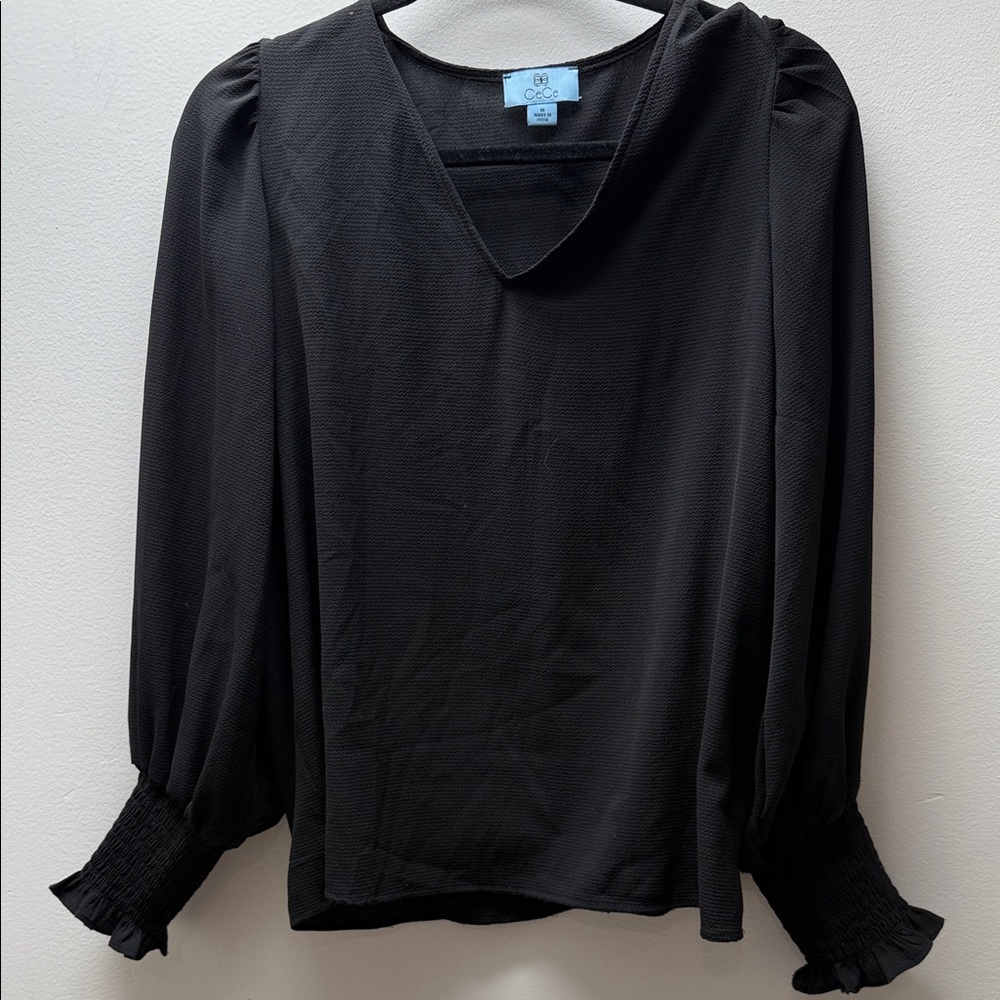 CeCe Black V-Neck Blouse with Puff Sleeves